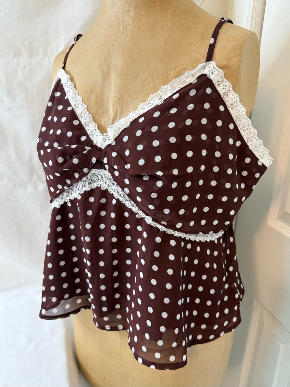 Altar’d State NWT 2XL Polka Dot Lace-Trim Spaghetti Strap Top - Brown/Cream